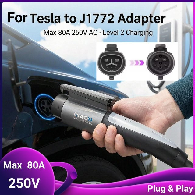 QIAO Elektrofahrzeug-Ladeadapter für Tesla auf Typ1 J1772 EV-Autoladegerät-Stecker Konvertierungsadapter in Schwarz mit max. 80A und 250V - Bild 1