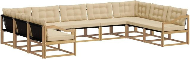 vidaXL Outdoor-Sofagarnitur 9-teilig aus Akazienholz mit Textilene und Kissen in Weiß und Beige - Bild 1