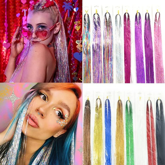 Haarverlängerung Kit Lametta, Regenbogen, bunt, für glattes Haar, Damen - Bild 1
