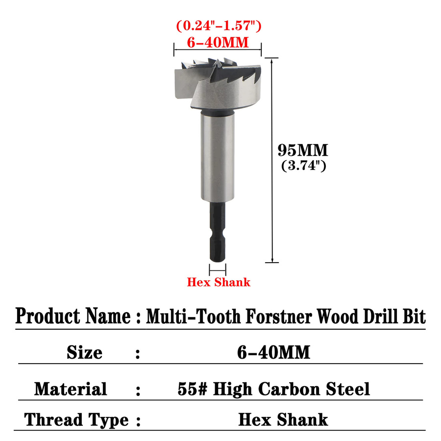 Forstner Multi-Tooth Scharnier-Bohrset aus Hochkohlenstoffstahl mit 1/4 Zoll Sechskantschaft für die Holzbearbeitung, Farbe: Silber, Durchmesser: 6 bis 40 mm - Bild 3