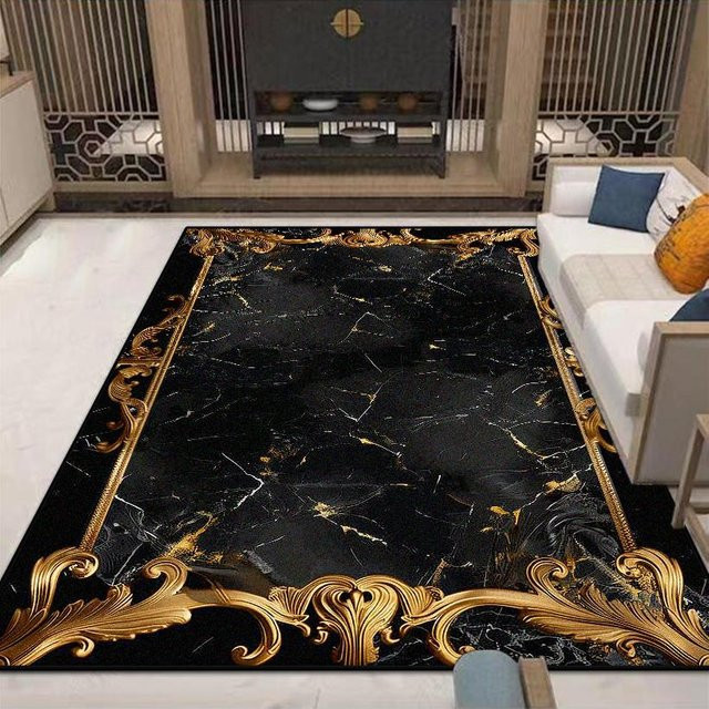 JGJG Luxusteppich Schwarzgoldener Marmor, moderner geometrischer Teppich aus Polyester, rutschfest und waschbar, B/T: 90 x 60 cm - Bild 1