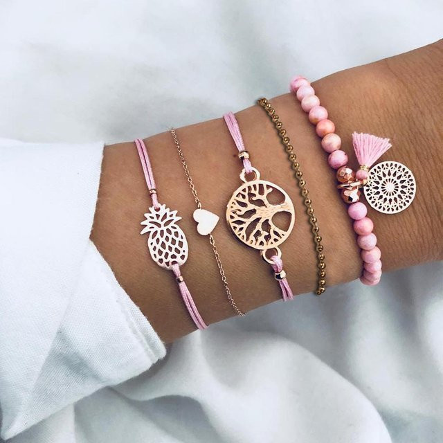 Armband-Set Allbestart, Ananas-Armband, Liebes-Fransenanhänger, rosa, Damen - Bild 1