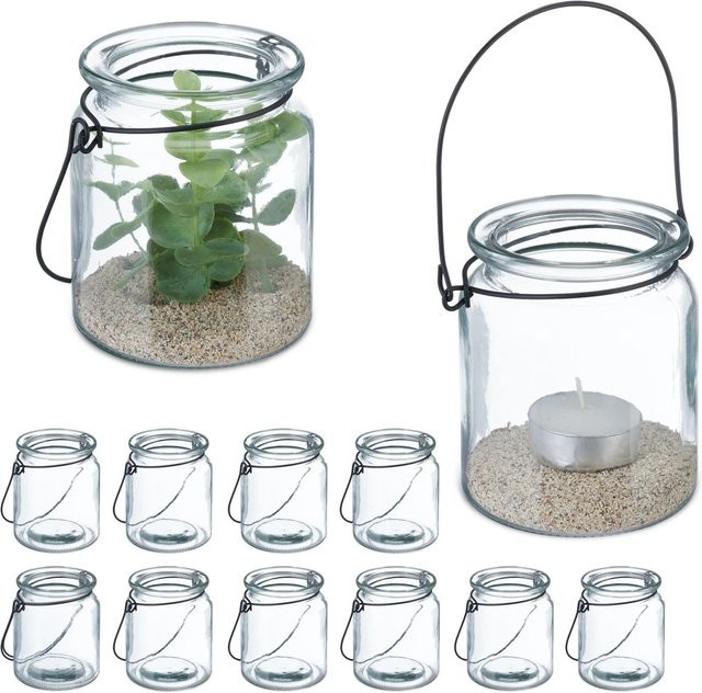 Relaxdays Windlicht Set aus Glas und Eisen in Transparent und Schwarz für Teelichter, 12er Set, Höhe: 9,5 cm, Breite: 8 cm, Tiefe: 8 cm - Bild 1