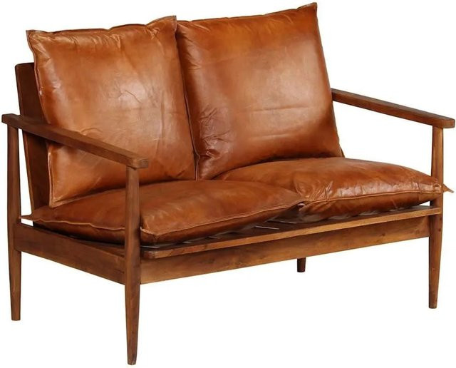 vidaXL 2-Sitzer-Sofa aus Echtleder und Akazienholz in Braun im Vintage-Stil - Bild 1