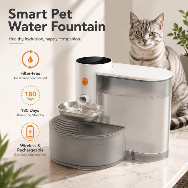 Jianyana Intelligenter Kabelloser Katzenwasserbrunnen mit 3L Fassungsvermögen, Automatischer Haustier-Wasserspender mit Trennung von sauberem und schmutzigem Wasser, Wiederaufladbar, in Grau oder Weiß - Bild 1