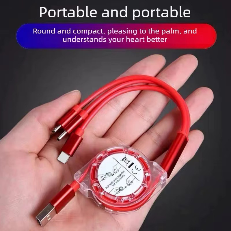 3-in-1 Einziehbares USB-Schnellladekabel für iPhone, Android, Xiaomi, Huawei und Samsung mit USB-C und Micro-USB in Rot - Bild 3