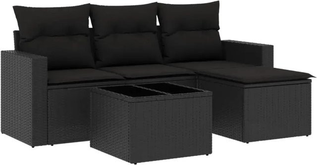 vidaXL 5-tlg. Garten-Sofagarnitur in L-Form aus schwarzem PE-Rattan mit Kissen und pulverbeschichtetem Stahlgestell - Bild 1
