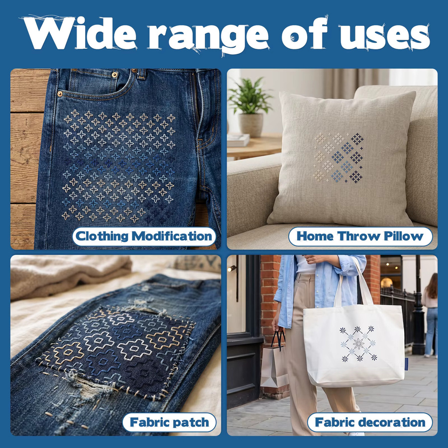 Sashiko-Stickerei-Set für Anfänger mit Schablonen, Faden, Nadeln, Fingerhut und Stoff-Fingerlingen zum Ausbessern - Bild 6
