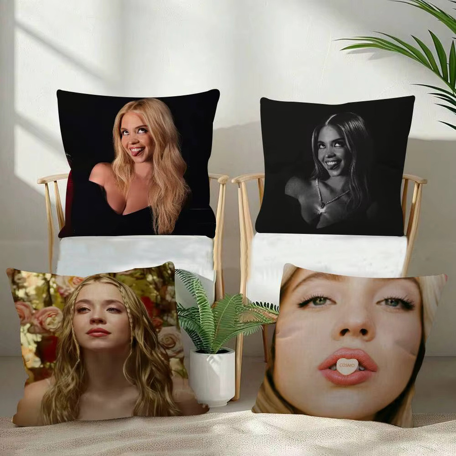 Kissenbezug mit Sydney Sweeney Motiv in Schwarz, quadratisch, B/B/H: 30 x 30 x 4 cm - Bild 2