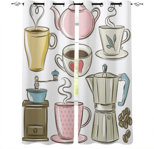 Yiran Furniture Dekorative Café-Vorhänge mit Graffiti-Motiv Teetasse und Hot Dog, 2er-Set, halbtransparent, B: 50 cm, H: 160 cm - Bild 1