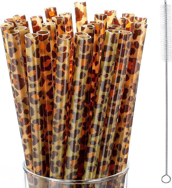 Wiederverwendbare Kunststoff-Strohhalme mit Leoparden-Design und Reinigungsbürste, Farbe: Braun, Länge: 23 cm, 10 oder 20 Stück - Bild 1