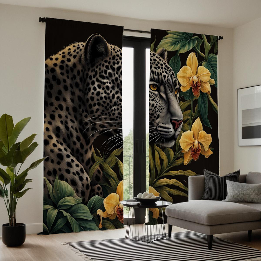 2er-Set Verdunkelungsvorhänge mit Wilden Leoparden-Print in Schwarz und Multicolour für Wohnzimmer und Schlafzimmer, Breite: 132 cm, Höhe: 160 cm - Bild 4