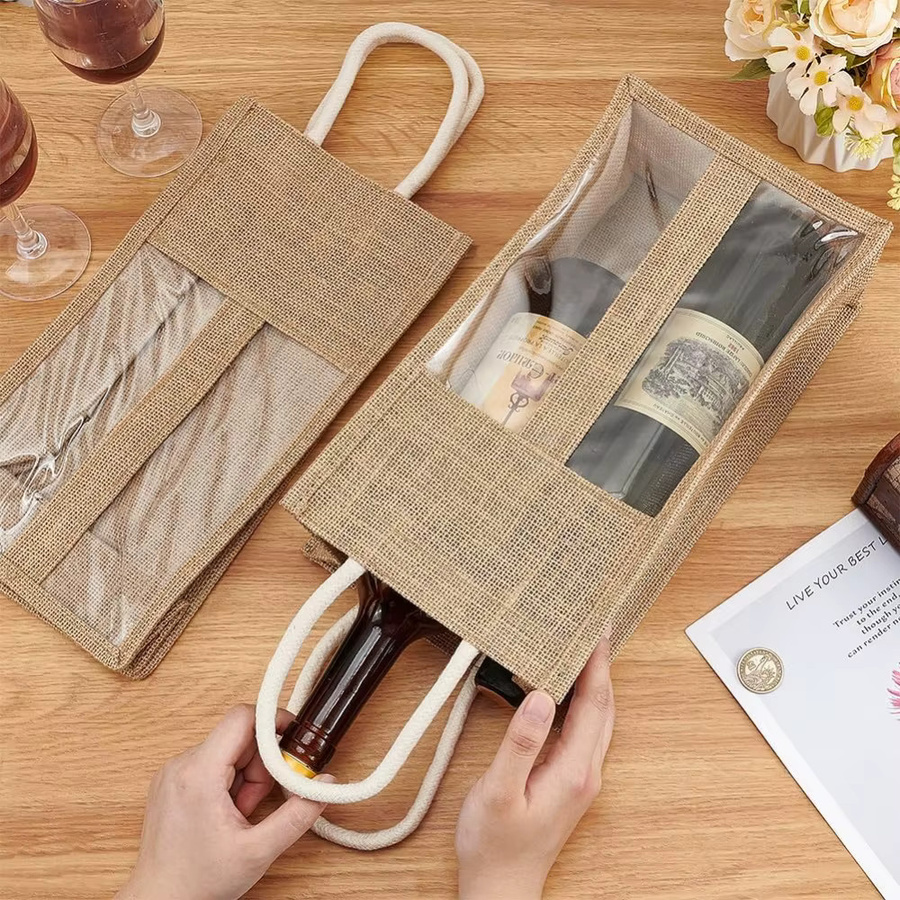 2er-Pack Weinflaschenbeutel aus Jute mit transparentem PVC-Fenster in Beige - Bild 2