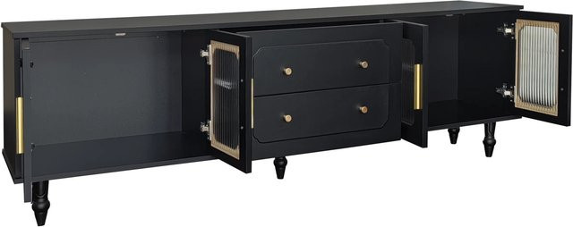 okwish TV Schrank aus Massivholz mit Retro Glastür und goldenen Griffen in Schwarz, B/T/H: 175 x 38 x 55,5 cm - Bild 1