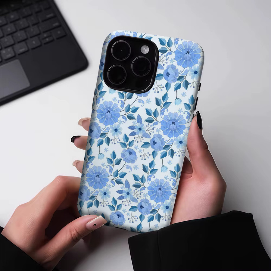 Potdemiel Robuste Handyhülle mit hellblauen Blumenranken für iPhone 17 16 15 14 13 Pro Max Plus mit Magnetfunktion - Bild 2