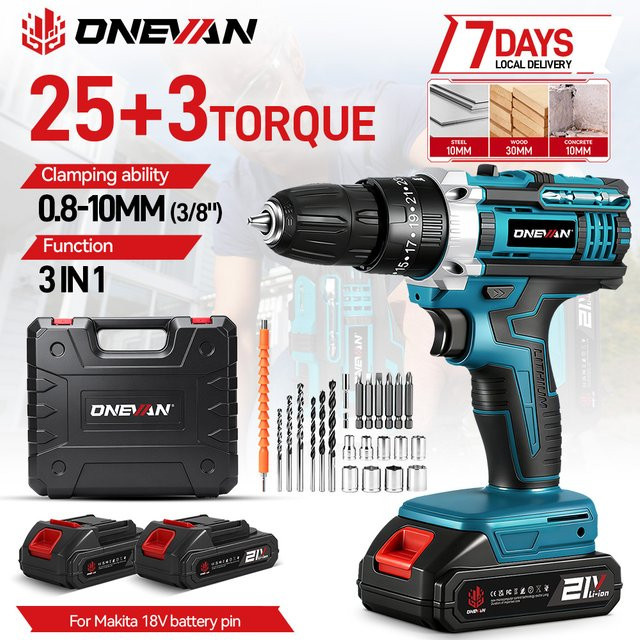 ONEVAN Akku-Schlagbohrmaschine mit 25+3 Drehmoment-Stufen, kabelloses Elektrowerkzeug in Blau, kompatibel mit Makita 18V LXT Akkus - Bild 1