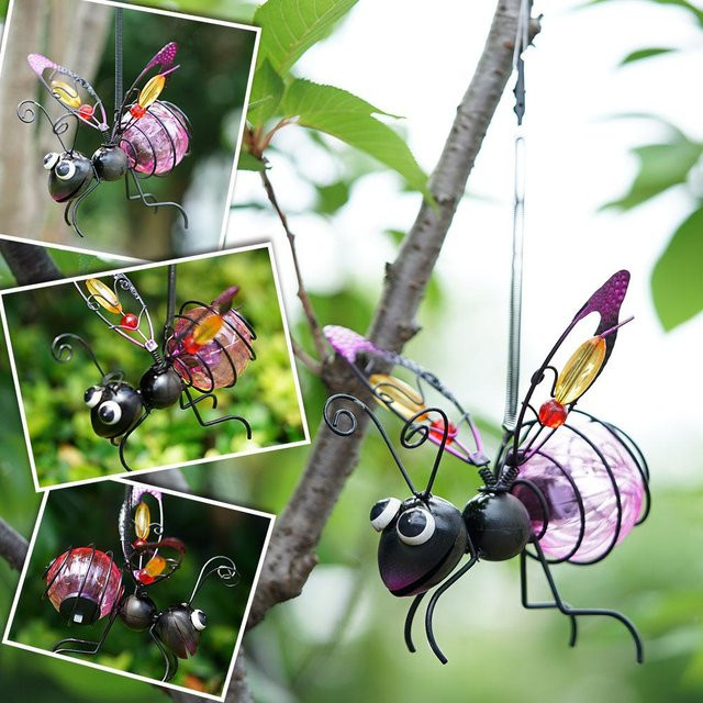 KITPIPI Insekten-Statue aus Metall mit LED-Lichterkette in Gold und Multicolour als wasserdichte Gartenverzierung zum Aufhängen - Bild 1