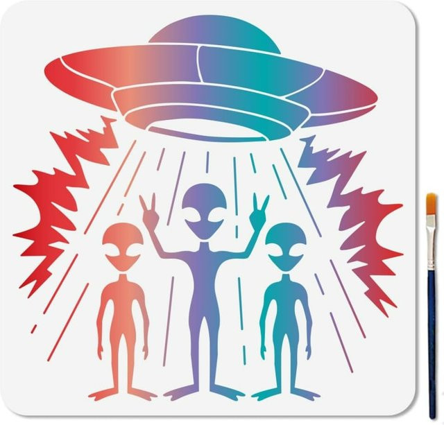 Wiederverwendbare Alien UFO Schablonen mit Raumschiff-Mustern zum Malen, B/B/H: 30 x 30 cm - Bild 1