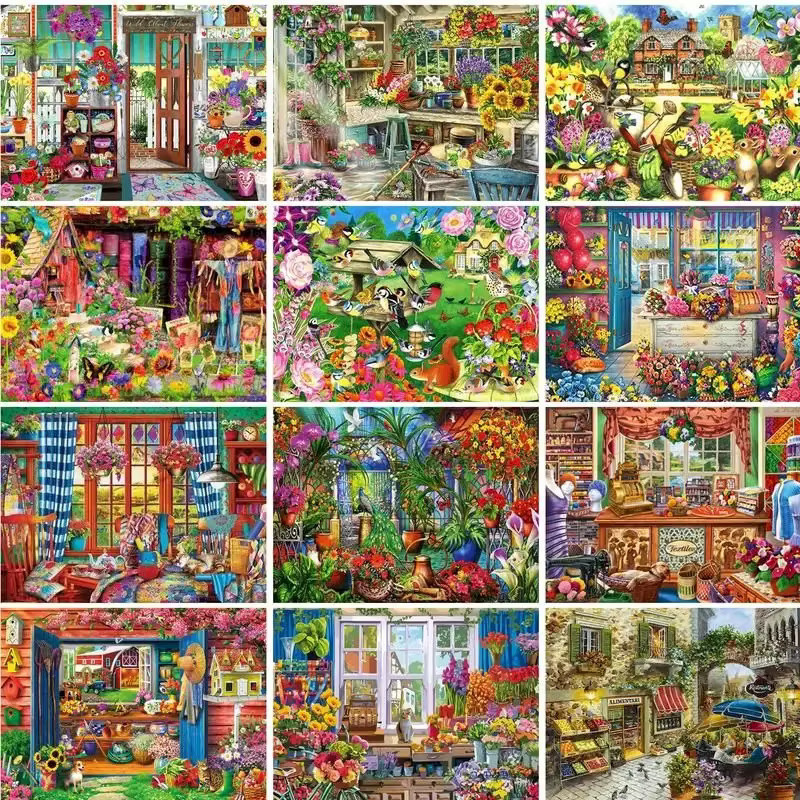 PhotoCustom Modernes Malen nach Zahlen auf Leinwand mit Blumen und Haus in Burgunderrot und Multicolor für Erwachsene - Bild 2