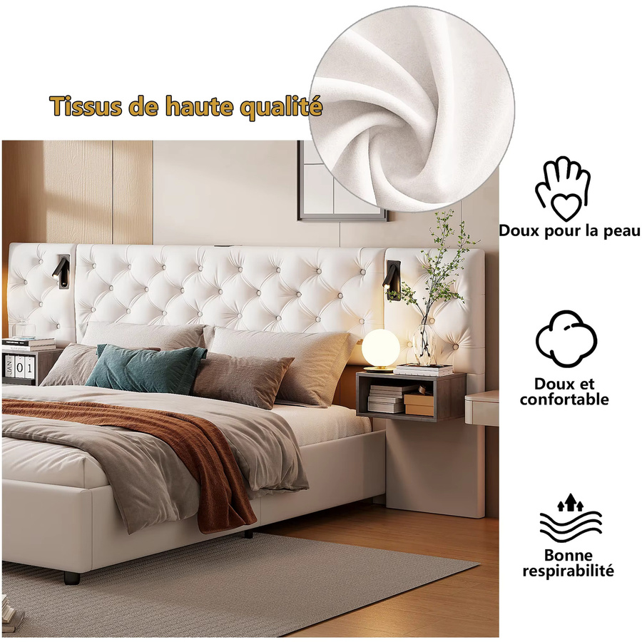 ROSAHQNDA Polsterbett aus Samt in Beige mit hydraulischem Bettkasten, USB-Anschluss, integrierten Leseleuchten und Beistelltischen am Kopfteil, B/T/H: 140 x 200 cm - Bild 3