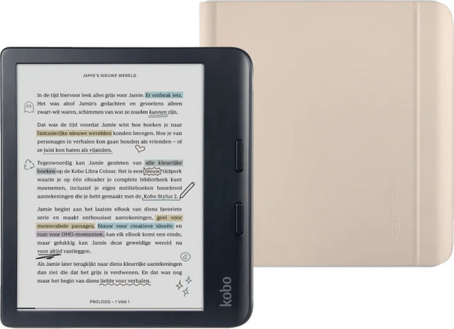 Kobo Libra Colour E-Ink E-Reader in Schwarz mit Sleep Cover in Beige - Bild 1