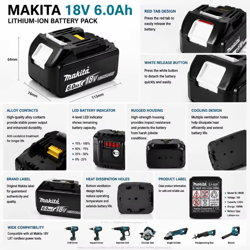 Original Makita 18V 6,0Ah Lithium-Ionen-Akku BL1860B in Schwarz für Makita LXT Akku-Werkzeuge - Bild 5