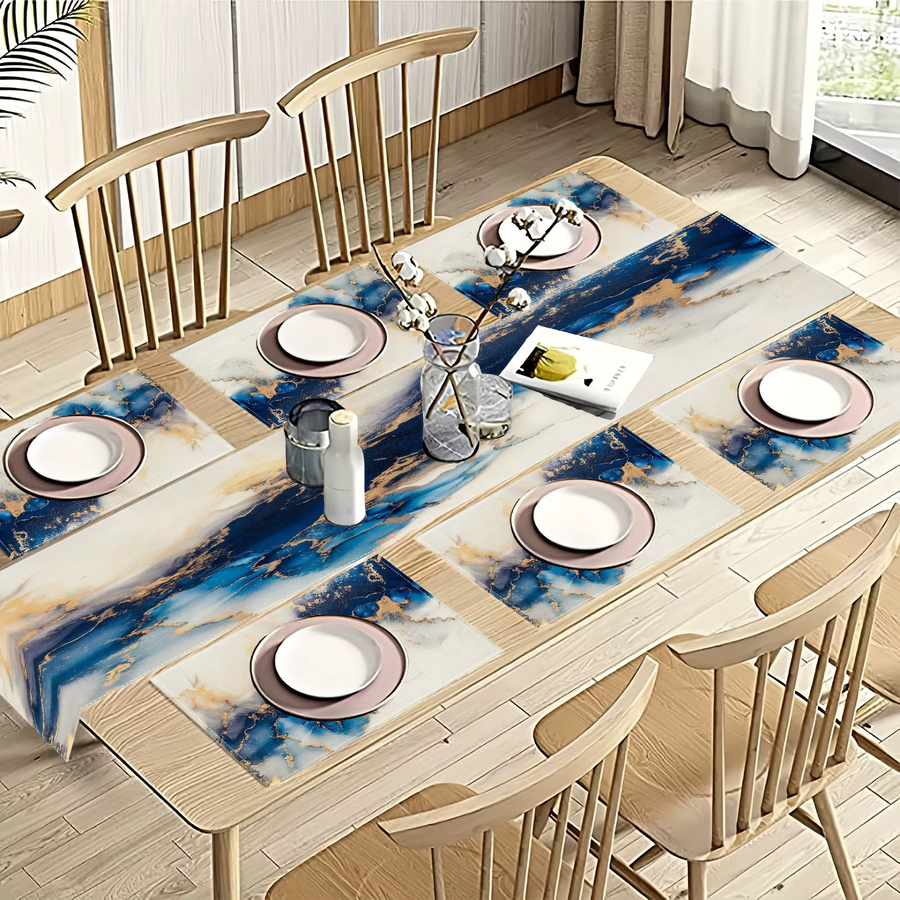 VIKAMA 7-teiliges Luxus-Tischset mit Marmormuster in Blau, Weiß und Gold bestehend aus Tischsets und Tischläufern - Bild 2