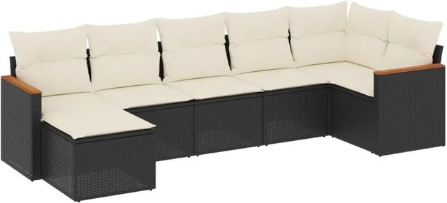 vidaXL 7-teilige Garten-Sofagarnitur in L-Form aus schwarzem Poly-Rattan mit Kissen und Akazienholz - Bild 1