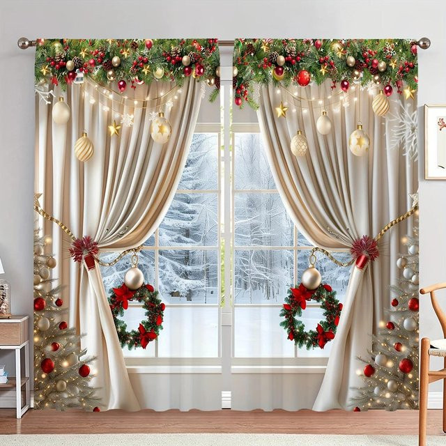 2er-Set Weihnachtsvorhänge mit Schneelandschaft, Weihnachtsmann und Auto in Blau und Beige, lichtfilternd mit Stangentasche, Breite: 65 cm, Höhe: 60 cm - Bild 1