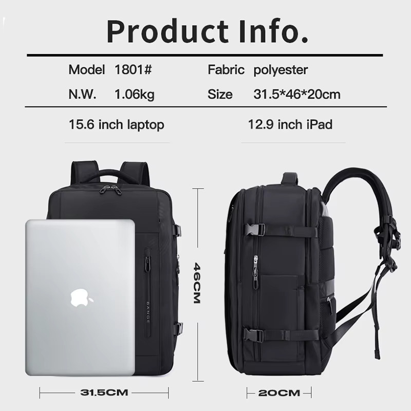 BANGE Wasserfester Herren-Rucksack für 15,6 Zoll Laptops mit USB-C-Anschluss und Trennfach für Nass und Trocken in Schwarz - Bild 2