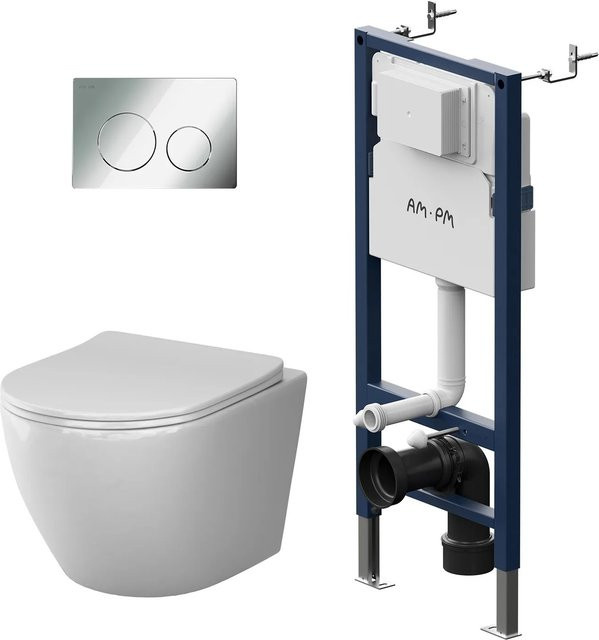 AM.PM Wand-WC Set Prime Fit mit Vorwandelement, Spülkasten und Drückerplatte, Farbe: Weiß/Silber - Bild 1