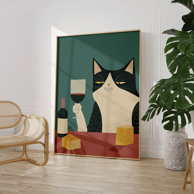 Modernes Katzen-Wein-Poster aus Papier in Mehrfarbig für deine Küchen- oder Bar-Dekoration - Bild 1