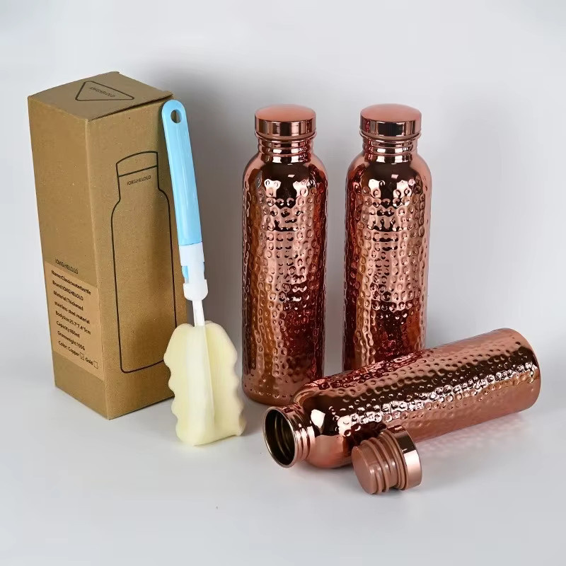 SMHXIANGQIANJIN Kupfer-Wasserflasche mit Hammermuster in Gold, 800 ml, Sportflasche mit Ein-Klick-Deckel und rutschfester Silikonbasis - Bild 2