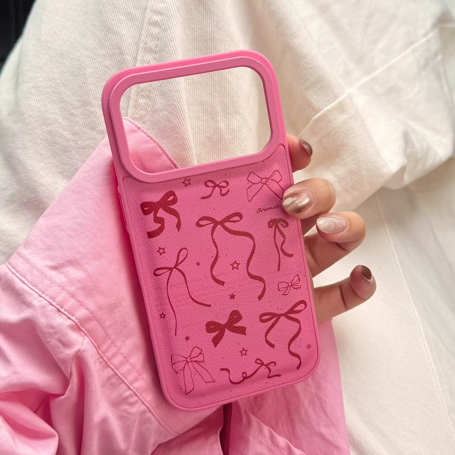 Potdemiel iPhone Schutzhülle mit roter Schleife und Ledertextur in Rot und Pink, stoßfeste Koreanische Vollbild-Handyhülle für iPhone 13 14 15 16 17 Pro Max - Bild 2