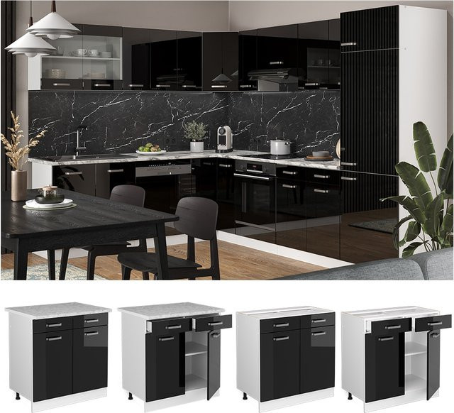 Vicco Küchenschrank R-Line Solid Schubunterschrank in Weiß und Schwarz mit 80 cm Breite - Bild 1