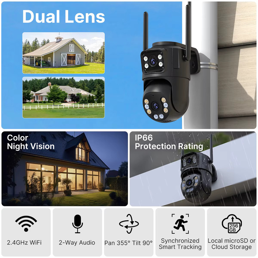 WONSADR Outdoor IP-Kamera mit WLAN 5GHz & 2,4GHz, PTZ-Sicherheitskamera mit KI-Menschenerkennung, Dual-Screen CCTV und Audio via ICSee App, Schwarz - Bild 2
