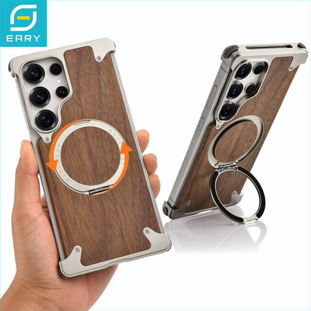 Eary Massivholz-Handyhülle für Samsung Galaxy S25 Ultra und S24 Ultra mit MagSafe, 360 Grad drehbarem magnetischem Ständer, stoßfest, Schwarz und Braun - Bild 1