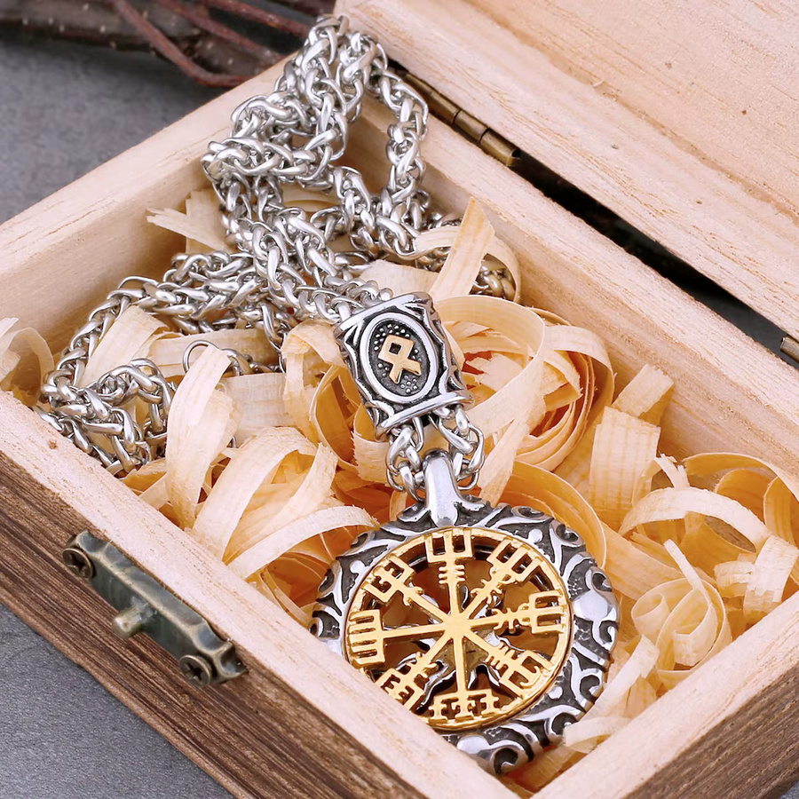 Halskette Kompass, Edelstahl, Gold, Vintage, Unisex - Bild 1