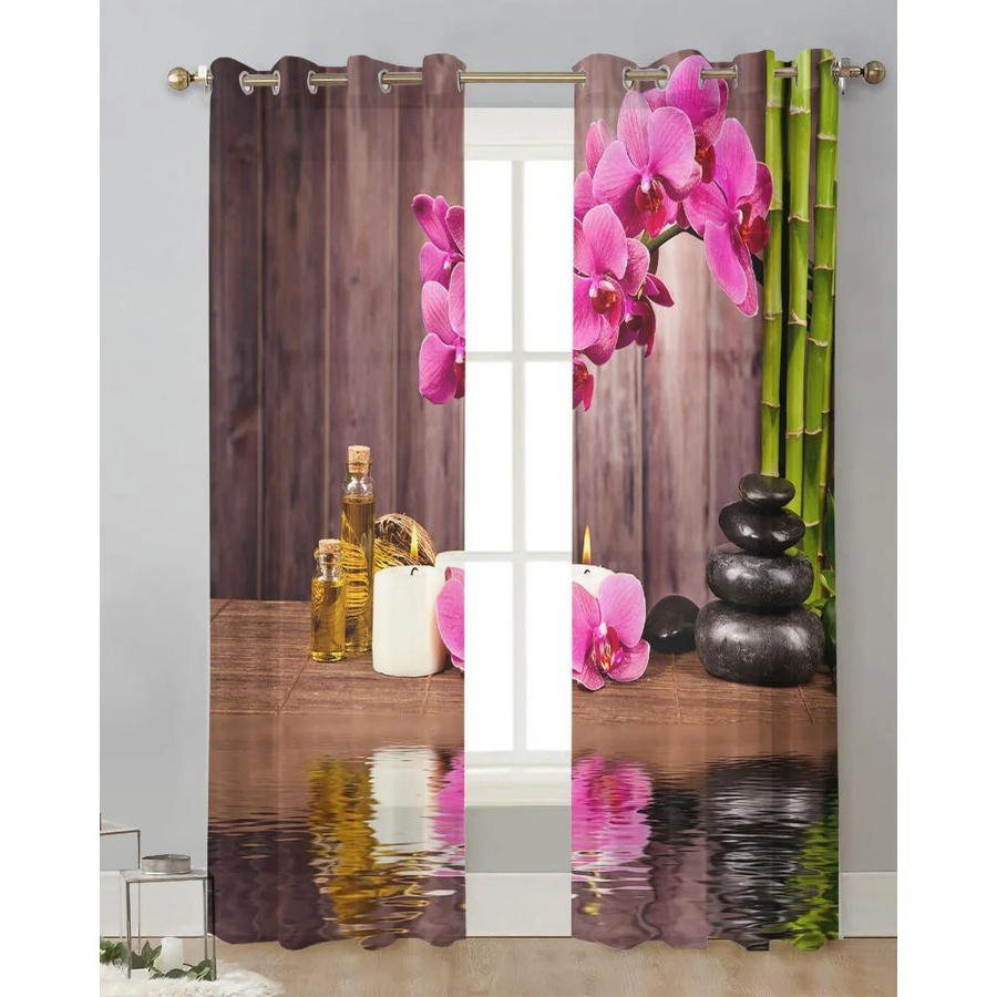 Yiran Furniture Transparente Voile-Vorhänge mit Orchideen- und Bambus-Design, Mehrfarbig, Breite: 135 cm, Höhe: 245 cm - Bild 3
