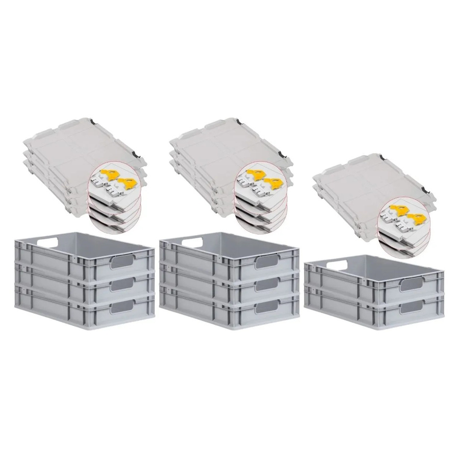 PROREGAL Spar Set 8x Eurobox Nextgen Economy mit Scharnierdeckel und gelben Schiebeschnappverschlüssen, Grau/Gelb, H x B x T: 12 x 40 x 60 cm - Bild 2