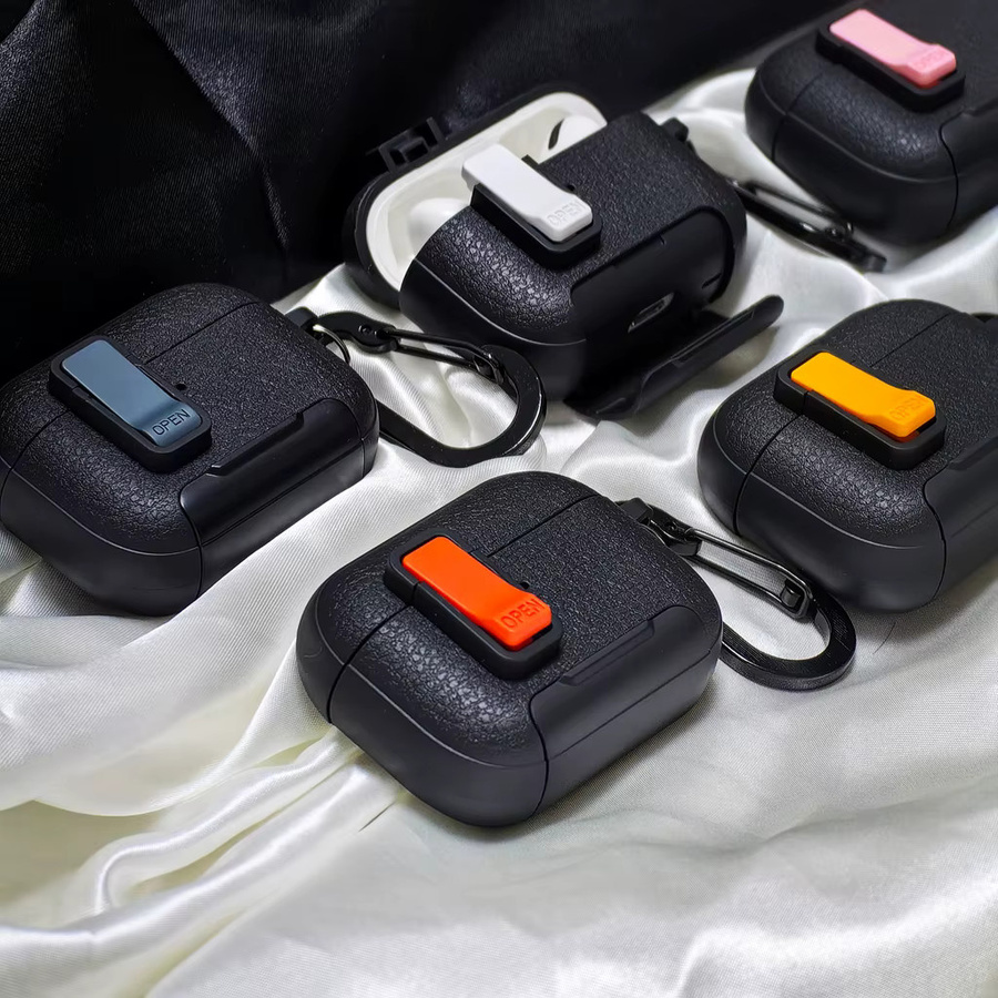 Schutzhülle mit Leder-Textur und Verriegelungsschalter für Apple AirPods 4, Pro 2 und Pro 3 in Schwarz und Grün - Bild 4