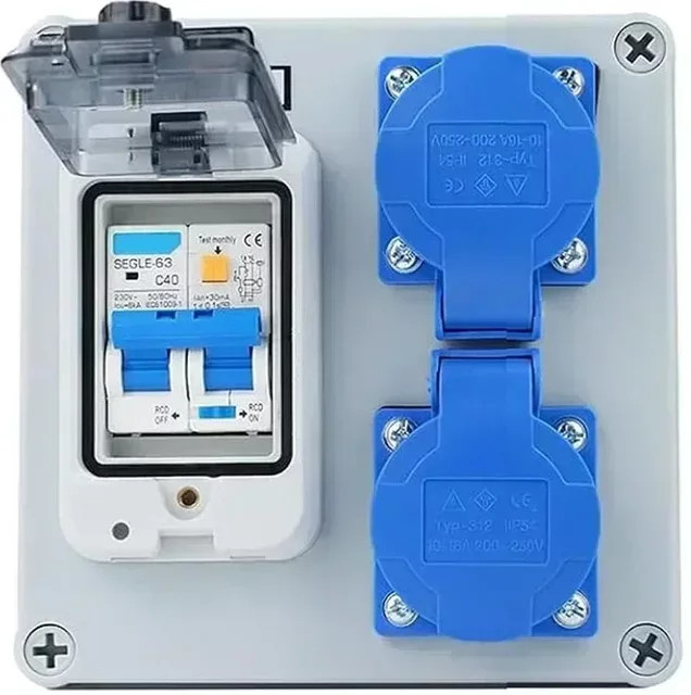 TOOLTOP Wand-Leistungsverteiler in Grau mit 2 geerdeten Steckdosen, 63 A Leistungsschalter und IP54 Schutzart - Bild 1