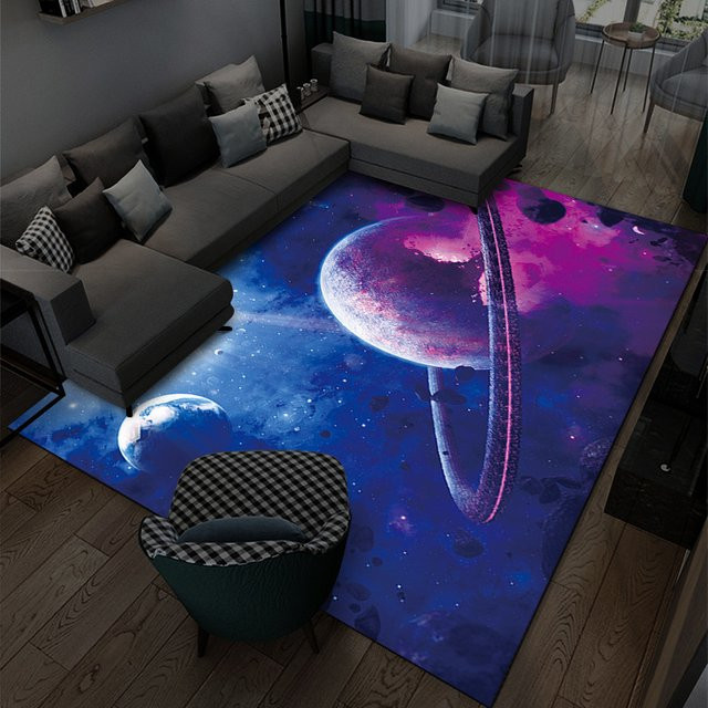 Moderner Rechteckiger Teppich mit Weltraum-Planeten-Design und Sternenhimmel in Blau für Wohnzimmer, Schlafzimmer oder Kinderzimmer - Bild 1
