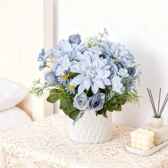 ZQCY Künstliche Blumen Kombination aus Dahlien und kleinen Rosen in Weiß und Blau für Hochzeitskranz und Heimdekoration im Shabby Chic Stil - Bild 1