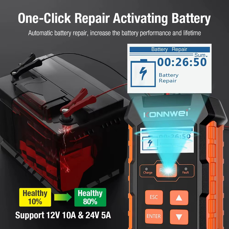 KONNWEI KW520 Automatischer Batterie Tester und Ladegerät für Auto und Lkw in Schwarz, 12V 10A und 24V 5A, für Blei, Acid, AGM, Gel und Lithium mit Puls Reparatur Funktion - Bild 2