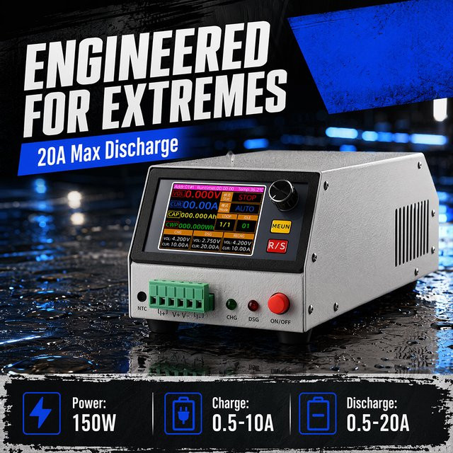 Gaqqee Batteriekapazitäts-Tester 150W mit 20A Entladungskurven-Anzeige, 4-Draht-Kelvin-Messung, 6 Modi und 60mm Lüfter für Li-Po, Li-Ion und LiFePO4 - Bild 1