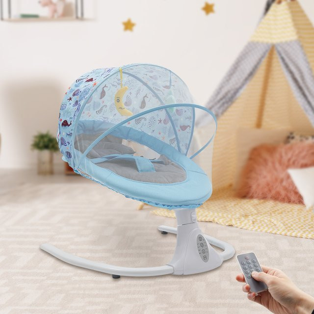 Elektrische Babywippe in Blau mit verstellbarer Schaukelfunktion, Bluetooth-Musik und Fernbedienung für Säuglinge von 0 bis 18 Monaten - Bild 1