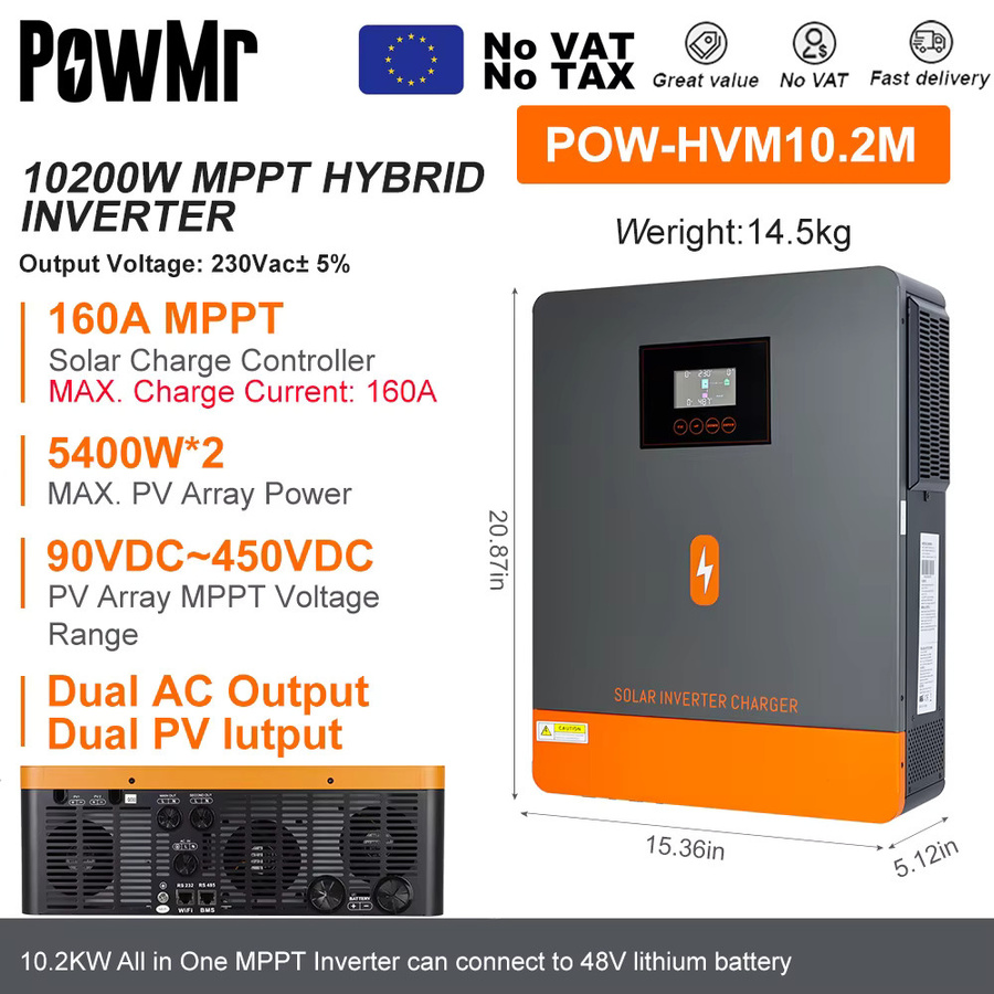 PowMr Hybrid-Solarwechselrichter 10,2 kW 48 V mit reiner Sinuswelle, 230 VAC Ausgang, Dual-MPPT und 160 A Solarpanel-Laderegler, 500 VDC, kompatibel mit Epo4-Batterien - Bild 2