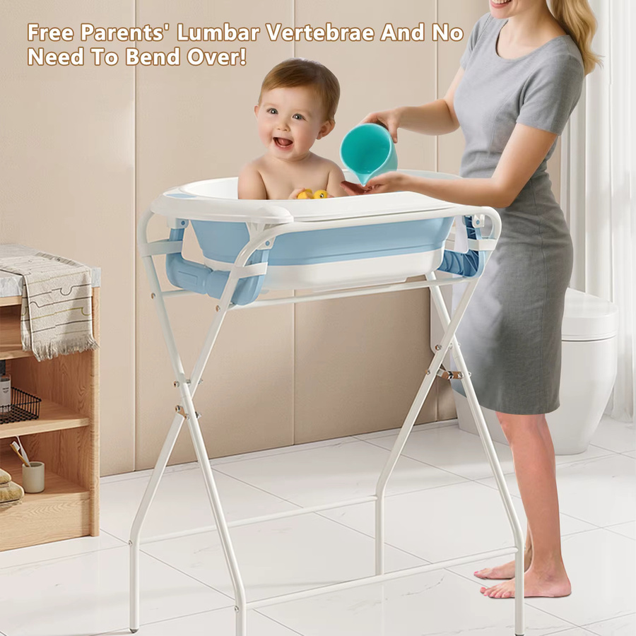 Faltbare 3-in-1 Babybadewanne mit Ständer, Thermometer und Badekissen in Pink für Neugeborene und Kleinkinder - Bild 2