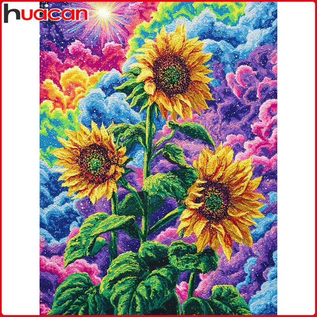 Huacan Diamantmalerei Sonnenblume Sternenhimmel Blumenlandschaft als Diamantmosaik in Mehrfarbig, B/H: 20 x 30 cm - Bild 1